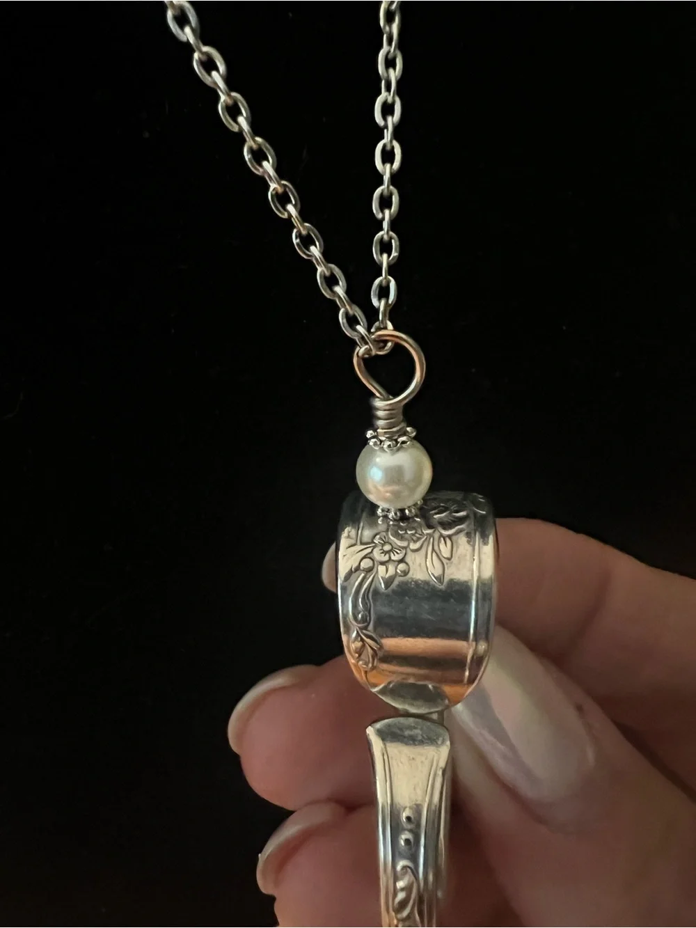 Silver Heart spoon Pendant Necklace with Pearl Accent